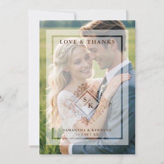 Floral Ornate Frame in Diamond Shape with Initials サンキューカード (正面)