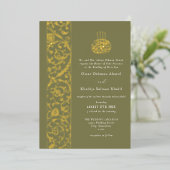 Floral Ornate Olive Green Gold Islamic Wedding 箔招待状 (立ち正面)