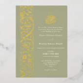 Floral Ornate Sage Green Gold Islamic Wedding 箔招待状 (正面)