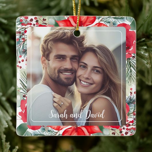 Floral Our First Christmas Engaged Photo Ornament セラミックオーナメント