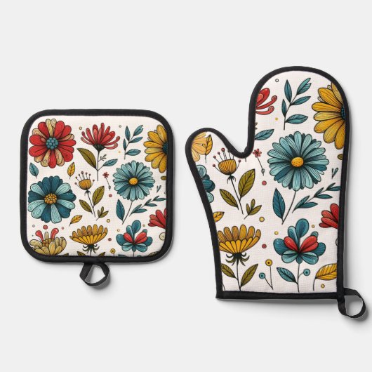 Floral Oven Mitt And Pot Holder Set Retro Folk Art 鍋つかみ&鍋敷きセット (正面)