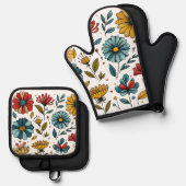 Floral Oven Mitt And Pot Holder Set Retro Folk Art 鍋つかみ&鍋敷きセット (正面/裏面)