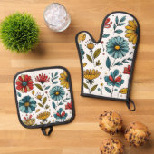 Floral Oven Mitt And Pot Holder Set Retro Folk Art 鍋つかみ&鍋敷きセット (トップダウン)