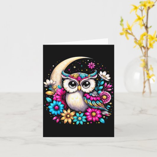 Floral Owl And Moon  カード (黄色い花)