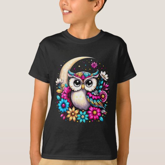 Floral Owl And Moon Tシャツ (正面)