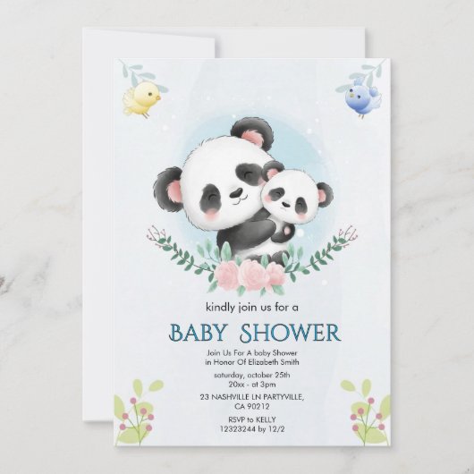  Floral  Panda Baby Shower Invitation 招待状 (正面)