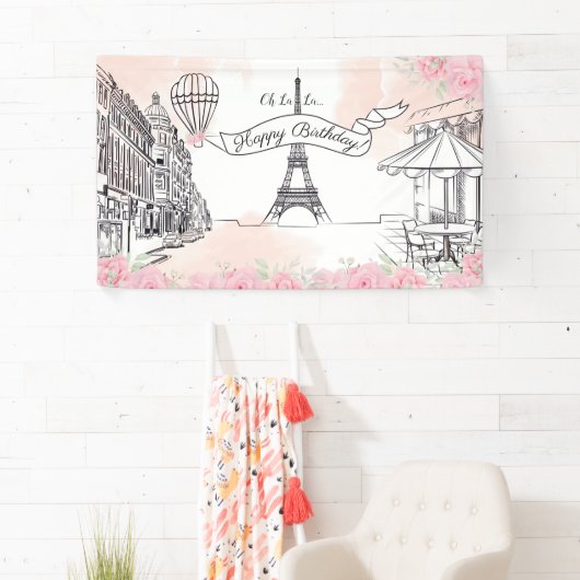 Floral Paris backdrop Happy Birthday banner 横断幕 (インサイチュ)