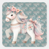 Floral Pastel Horse Fantasy Illustration スクエアシール (正面)