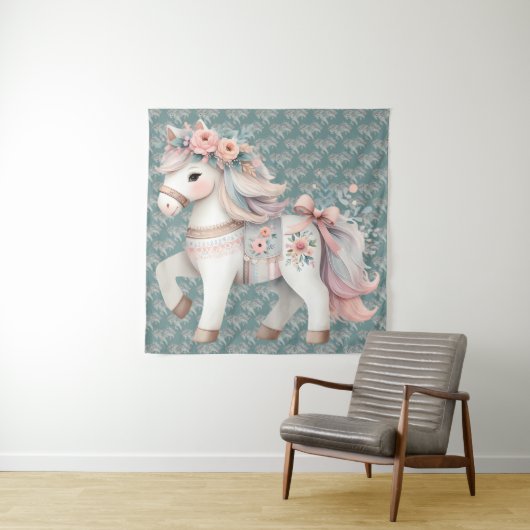 Floral Pastel Horse Fantasy Illustration タペストリー (インサイチュ)