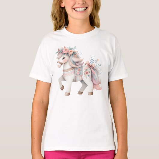 Floral Pastel Horse Fantasy Illustration Tシャツ (正面)