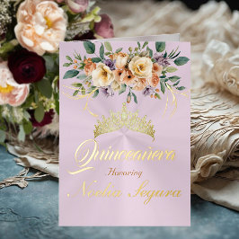 Floral - Pastel Pink Quinceanera Foil Invitation 箔グリーティングカード
