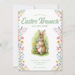 Floral Pastel Watercolor Bunny Easter Brunch 招待状