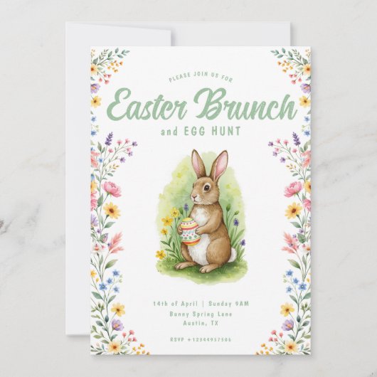 Floral Pastel Watercolor Bunny Easter Brunch 招待状 (正面)