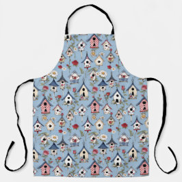 Floral Patchwork Birdhouses & Sky Blue Background エプロン