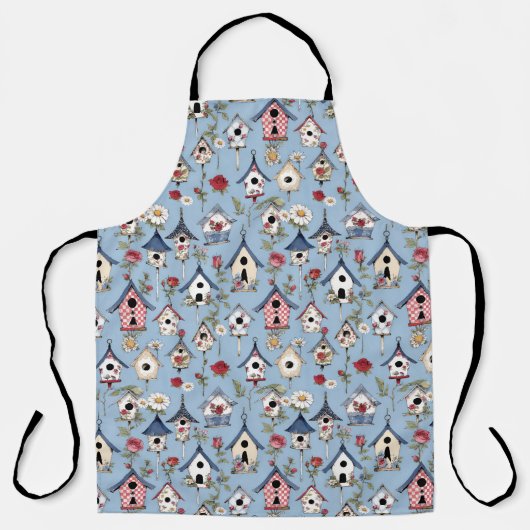 Floral Patchwork Birdhouses & Sky Blue Background エプロン (正面)