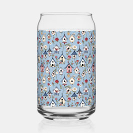 Floral Patchwork Birdhouses & Sky Blue Background ガラス缶