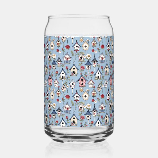 Floral Patchwork Birdhouses & Sky Blue Background ガラス缶 (正面)