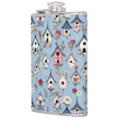 Floral Patchwork Birdhouses & Sky Blue Background フラスク (左)