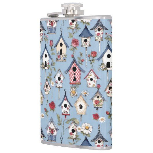 Floral Patchwork Birdhouses & Sky Blue Background フラスク (左)