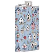 Floral Patchwork Birdhouses & Sky Blue Background フラスク (右)