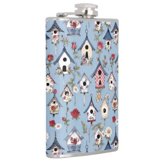 Floral Patchwork Birdhouses & Sky Blue Background フラスク (右)