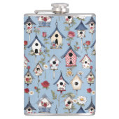 Floral Patchwork Birdhouses & Sky Blue Background フラスク (正面)