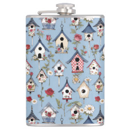 Floral Patchwork Birdhouses & Sky Blue Background フラスク