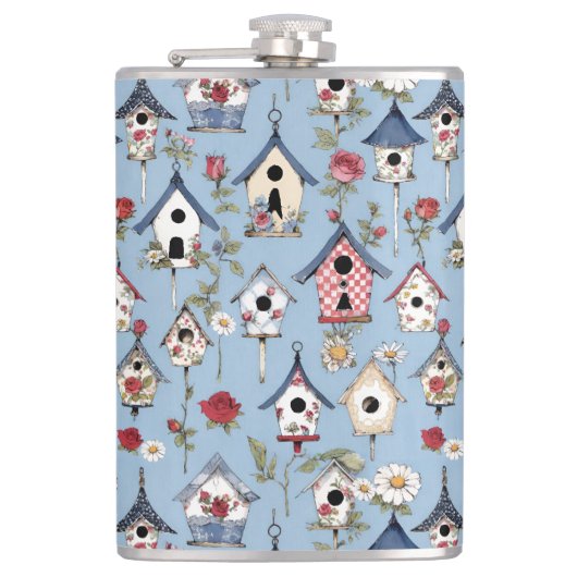 Floral Patchwork Birdhouses & Sky Blue Background フラスク (正面)