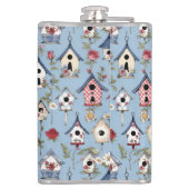 Floral Patchwork Birdhouses & Sky Blue Background フラスク (裏面)