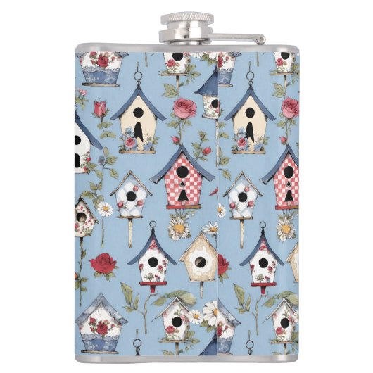 Floral Patchwork Birdhouses & Sky Blue Background フラスク (裏面)