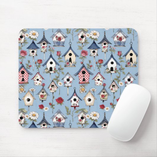 Floral Patchwork Birdhouses & Sky Blue Background マウスパッド (マウス)