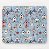 Floral Patchwork Birdhouses & Sky Blue Background マウスパッド (正面)