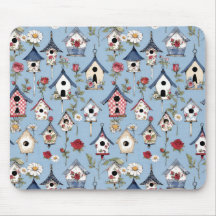 Floral Patchwork Birdhouses & Sky Blue Background