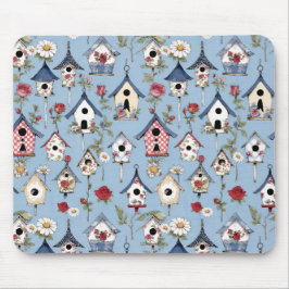 Floral Patchwork Birdhouses & Sky Blue Background マウスパッド