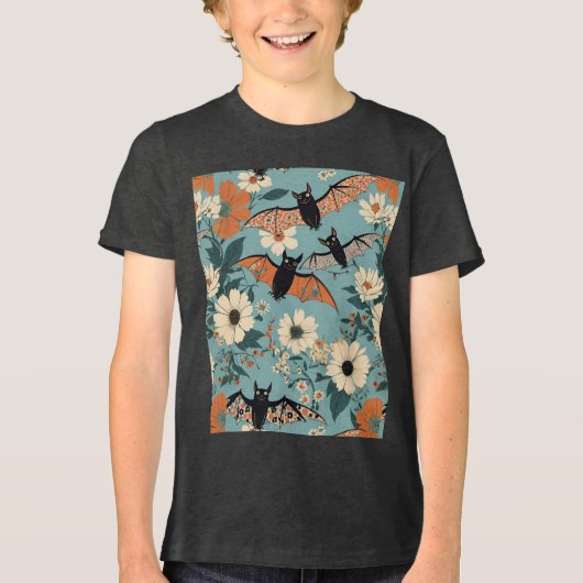 Floral Patchwork Halloween Bats & Flowers トライブレンドＴシャツ (正面)