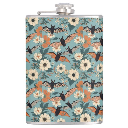 Floral Patchwork Halloween Bats & Flowers フラスク (正面)
