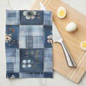 Floral Patchwork Pattern | Boho Denim キッチンタオル (四つ折り)