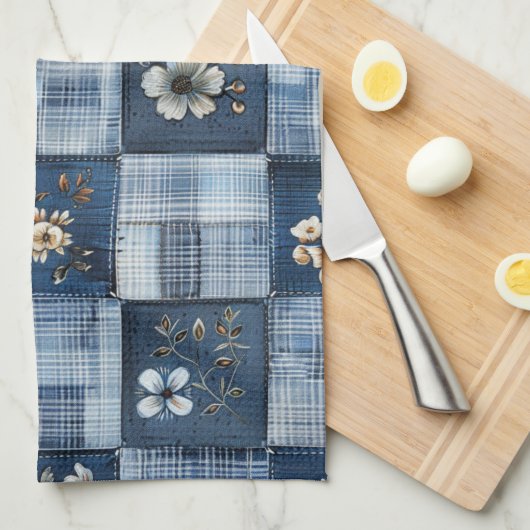 Floral Patchwork Pattern | Boho Denim キッチンタオル (四つ折り)