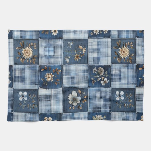 Floral Patchwork Pattern | Boho Denim キッチンタオル (横)