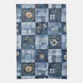 Floral Patchwork Pattern | Boho Denim キッチンタオル (縦)