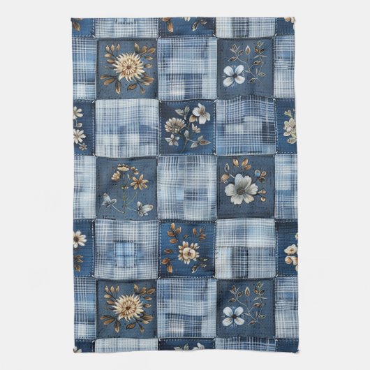 Floral Patchwork Pattern | Boho Denim キッチンタオル (縦)