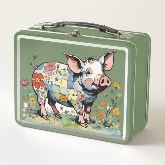 Floral Patchwork Pig With Wildflowers メタルランチボックス (正面)