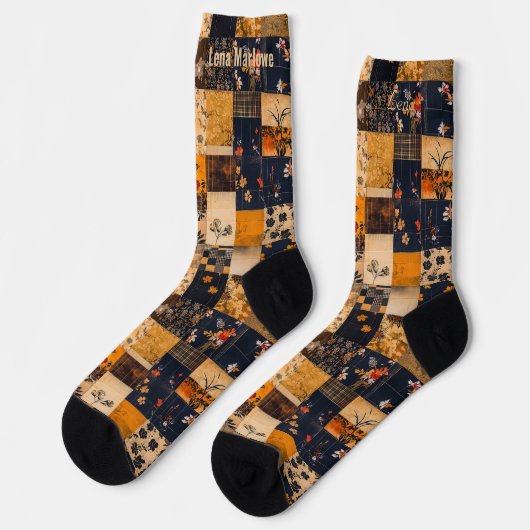 Floral Patchwork Socks – Custom Golden and Navy  ソックス (左)