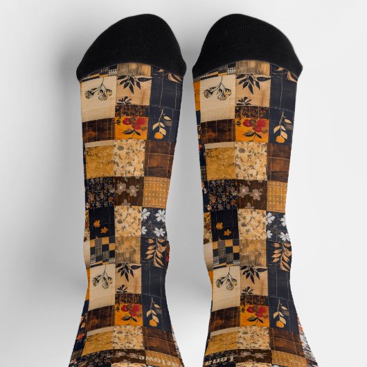 Floral Patchwork Socks – Custom Golden and Navy  ソックス (上部)