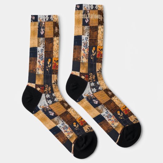 Floral Patchwork Socks – Custom Golden and Navy  ソックス (右)