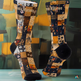 Floral Patchwork Socks – Custom Golden and Navy  ソックス