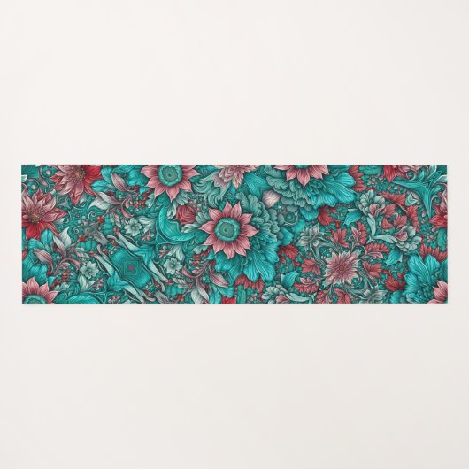 Floral Pattern, Aqua, Teal, Turquoise and Gray ヨガマット (裏面(横))