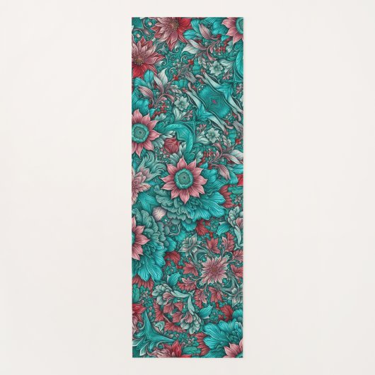 Floral Pattern, Aqua, Teal, Turquoise and Gray ヨガマット (正面)