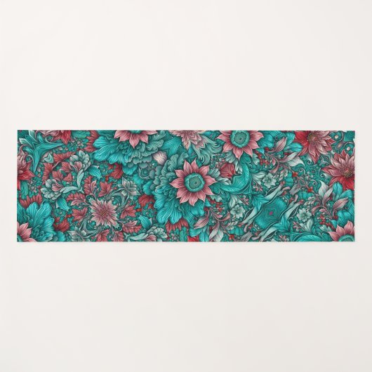 Floral Pattern, Aqua, Teal, Turquoise and Gray ヨガマット (正面(横))
