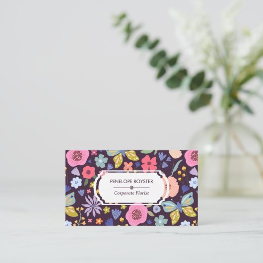 Floral Pattern Dark Plum & Mauve Business Card 名刺 (スタンド正面)